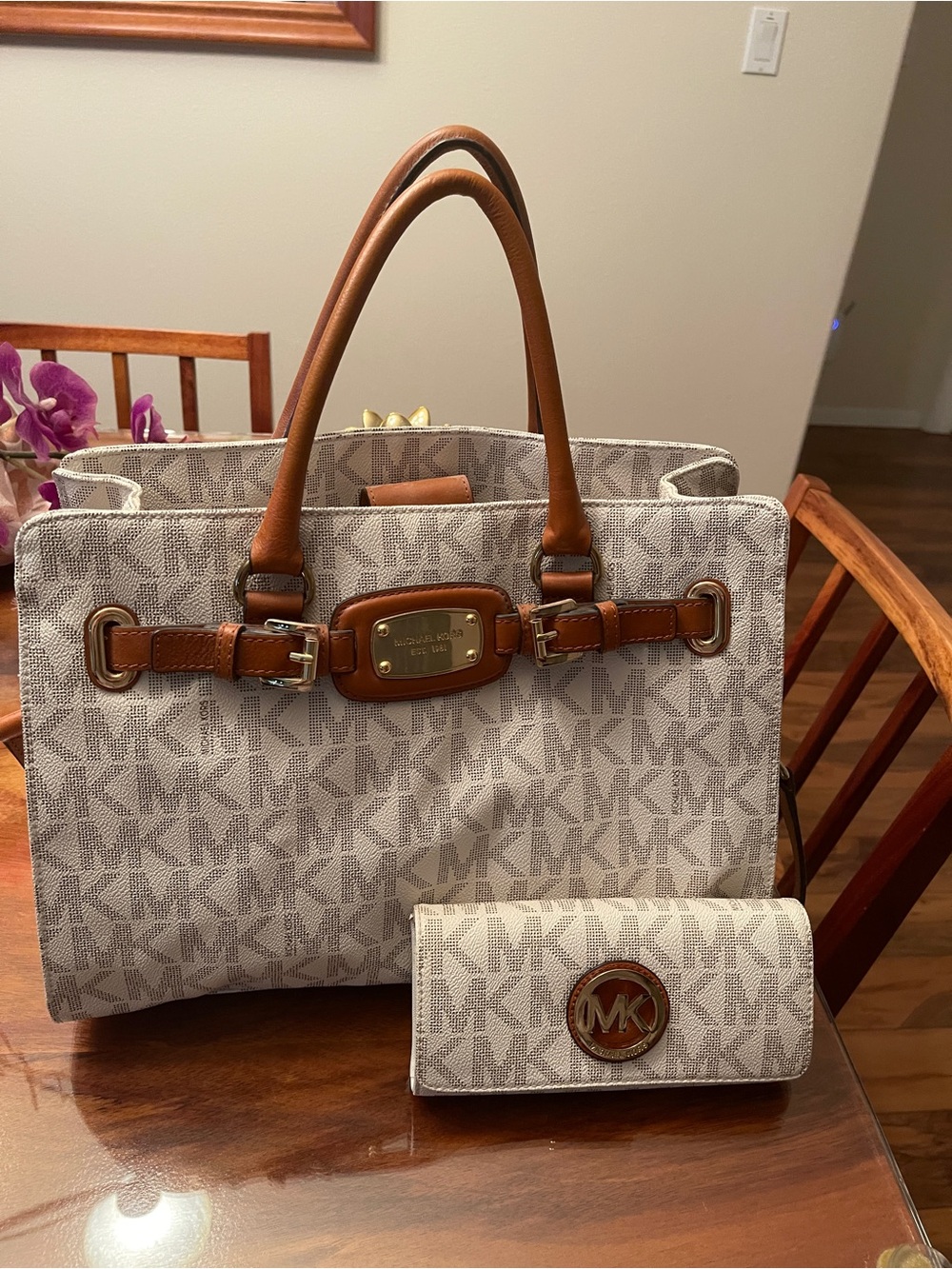 Michael Kors Beige Signature MK Tote with Tan Leather Trim & Matching Wallet
